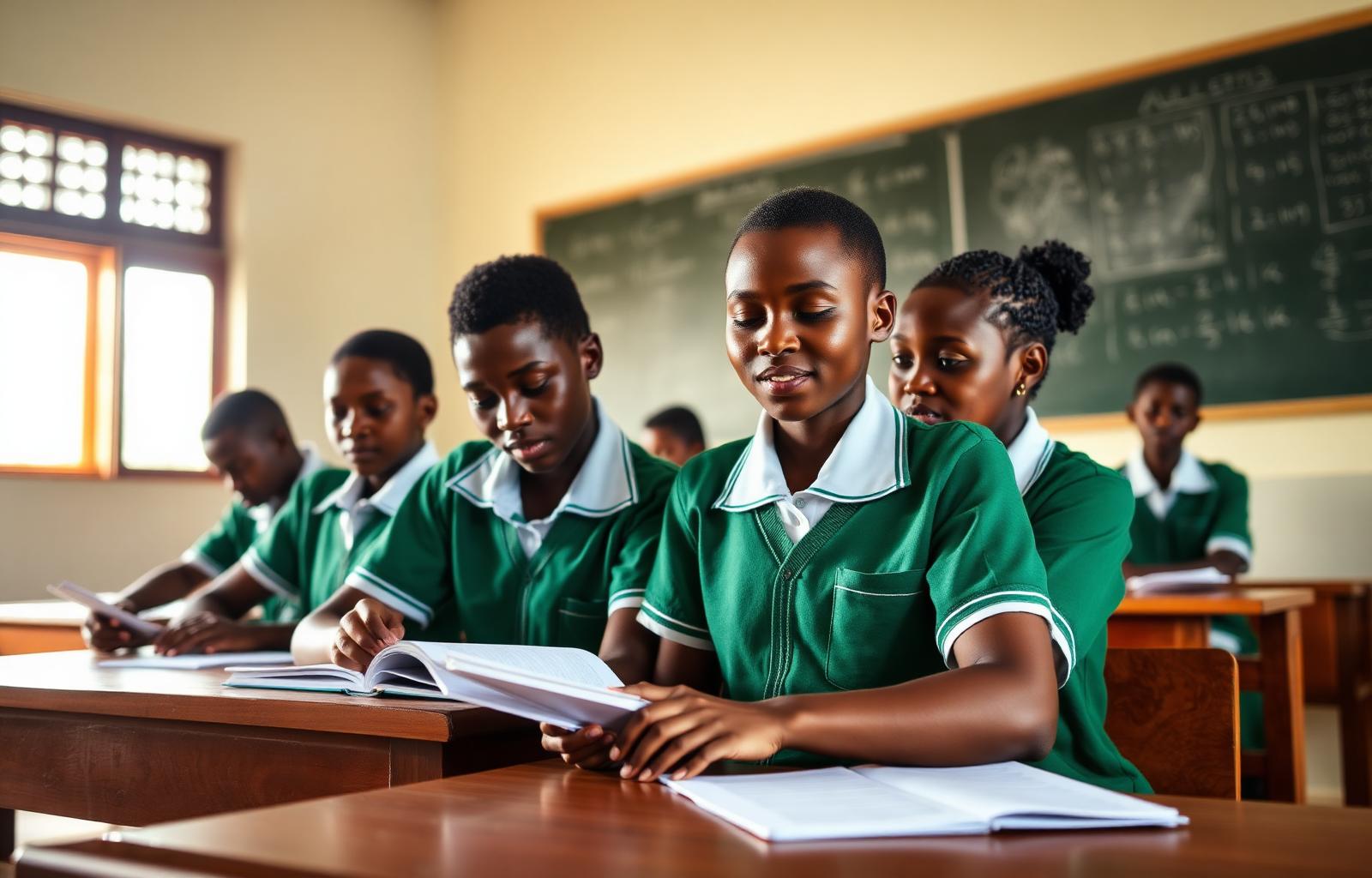 Nigerian secondary school students studying in a classroom