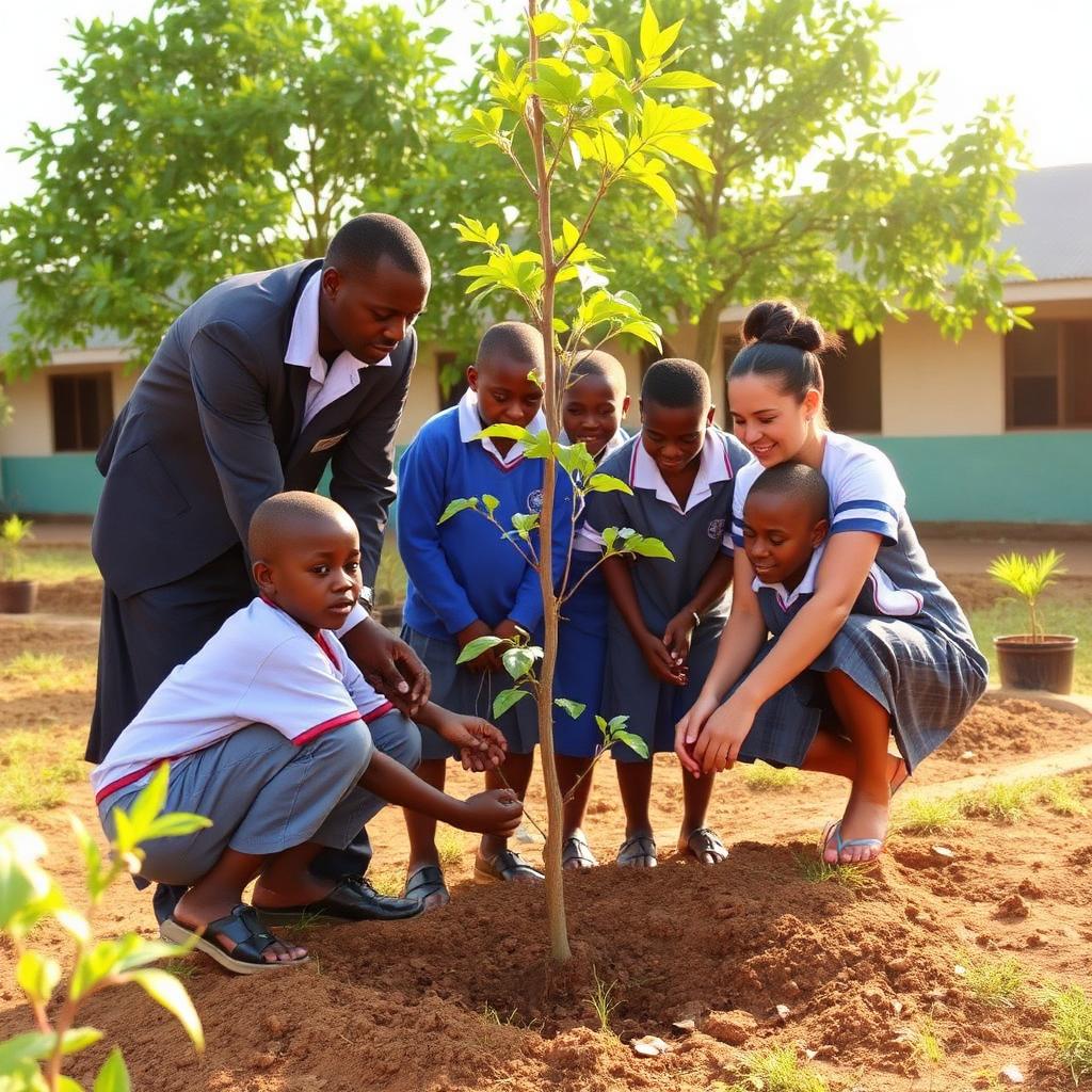 Students and a tutor planting a tree together at a school in Cameroon